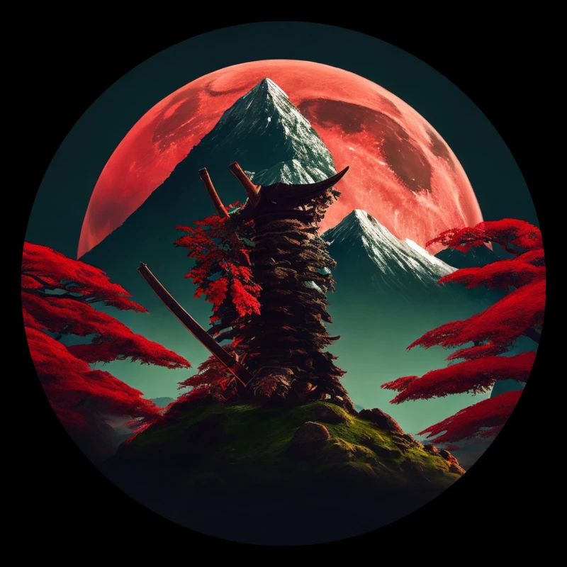 Samurai japanischer Baum vor Berg mit rotem Mond