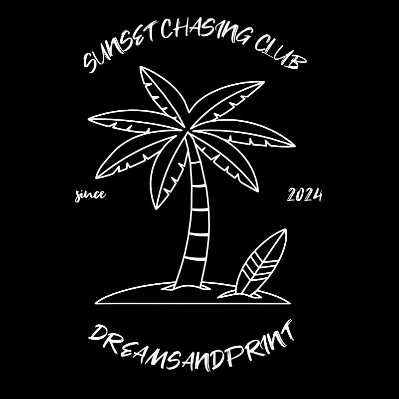 Sunset Chasing Palmen und Surfbrett Design 2024