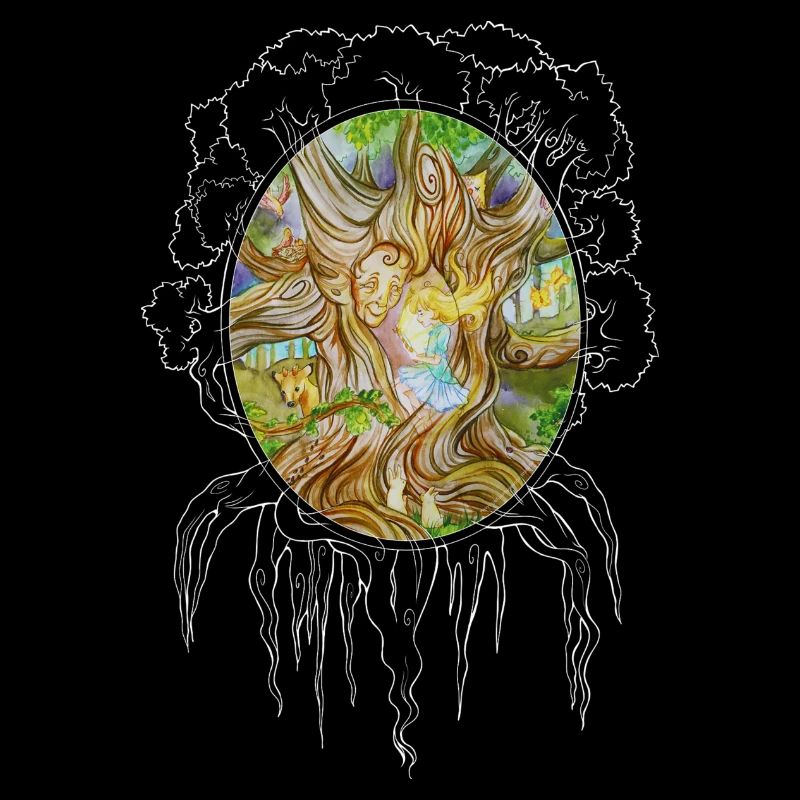 Fille dans l’arbre de la sagesse, chêne, forêt, miroir