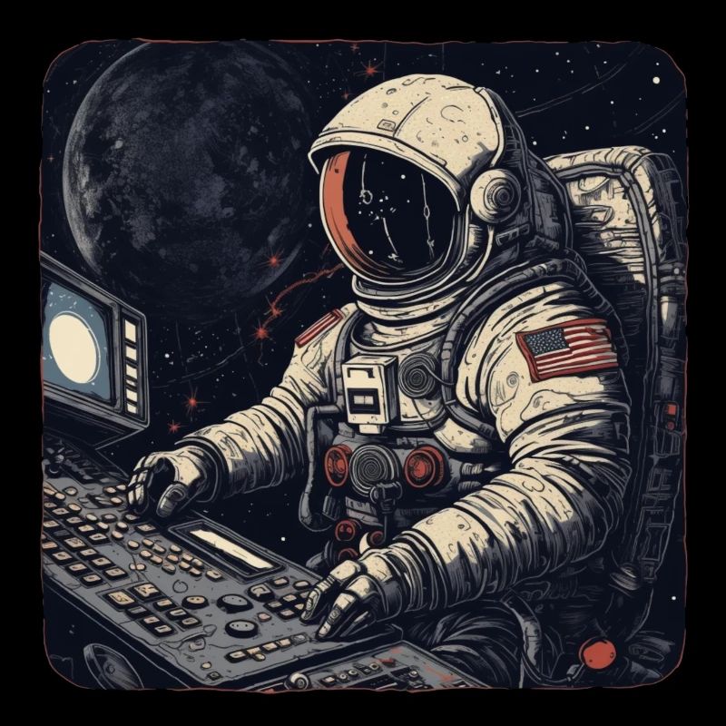 Cool retro astronaut operates computers