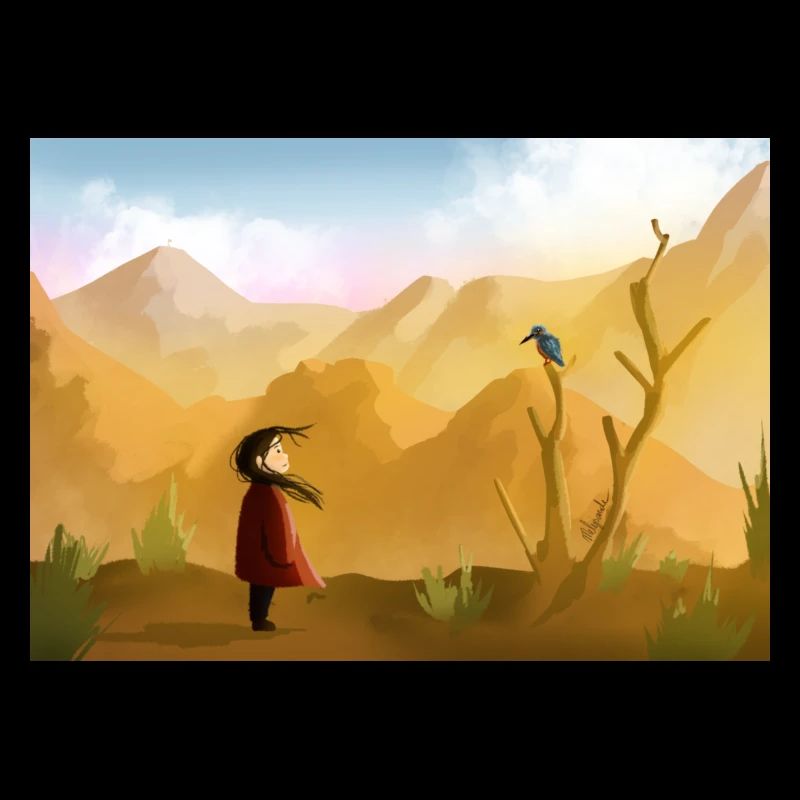 Kleines Mädchen in der Wüste mit einem Vogel