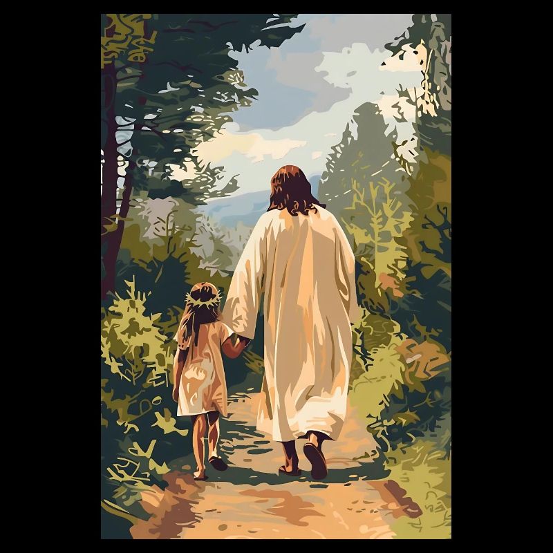 Jesus wandert mit einem kleinen Mädchen,