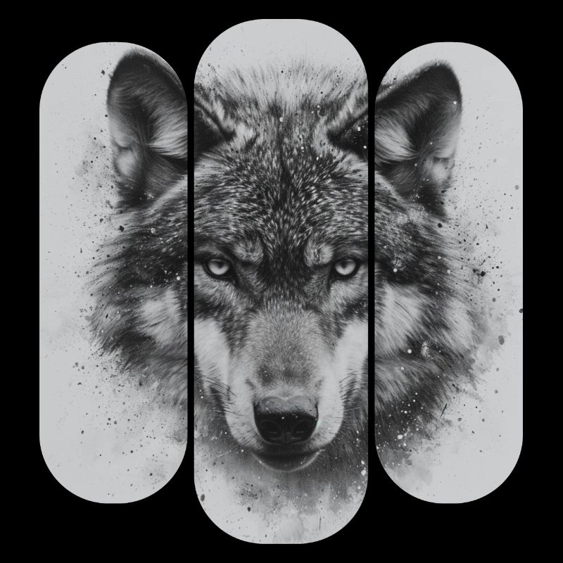 triptych Black and White Wolf