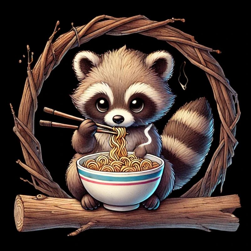 raton laveur mignon mangeant des nouilles ramen