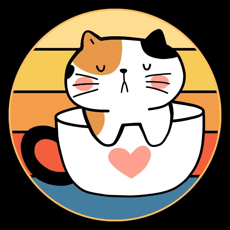 Drôle mignon Kawaii chat visage rétro coucher de soleil