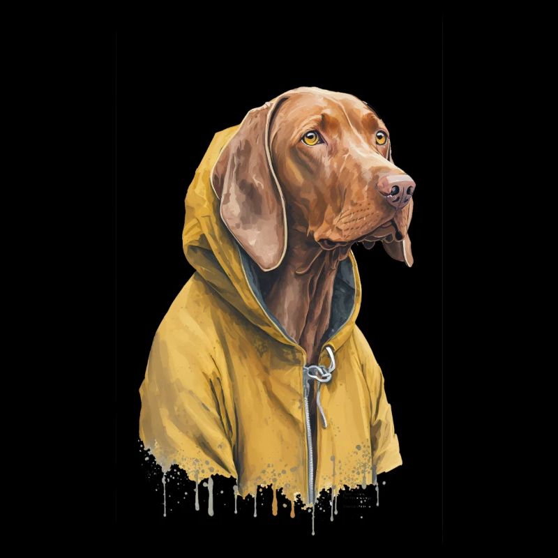 Chien Magyar Vizsla en imperméable jaune