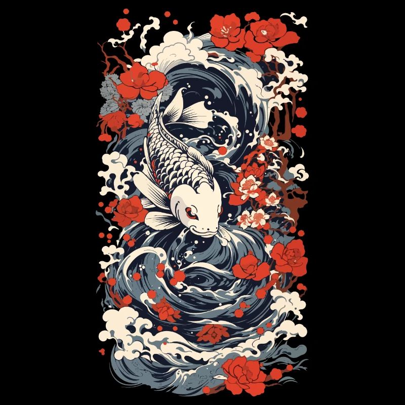 Japanese Koi Art Style Japan Wave Retro Style