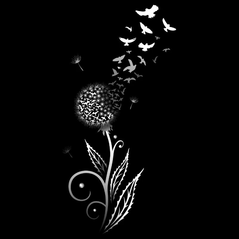 Pissenlit en filigrane avec volée d'oiseaux.