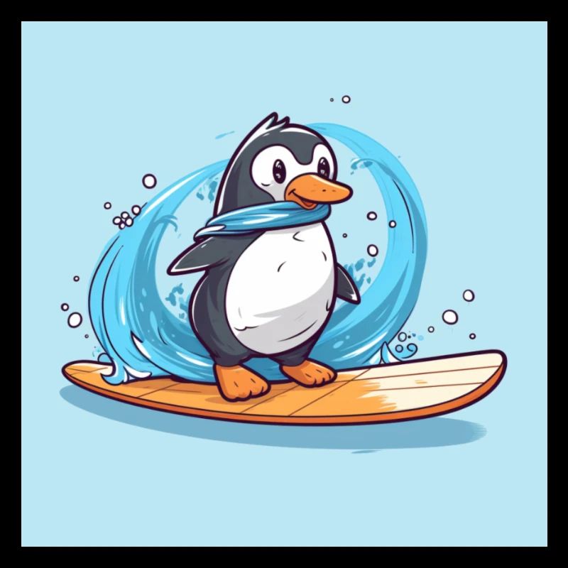 Pingouin de surf mignon sur une planche de surf