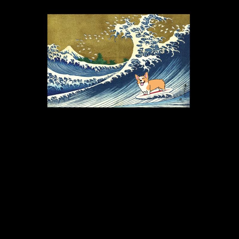 Corgi dog surfing The Great Wave