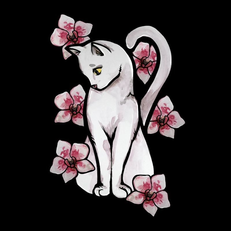 Orchidées Roses Chat Blanc