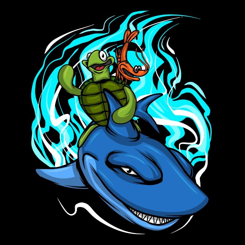 Le requin nage avec la tortue et le crabe