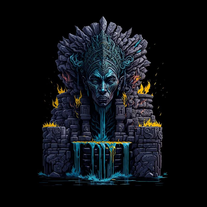 Mayan Head Totem Statue with Water and Fire Elemen