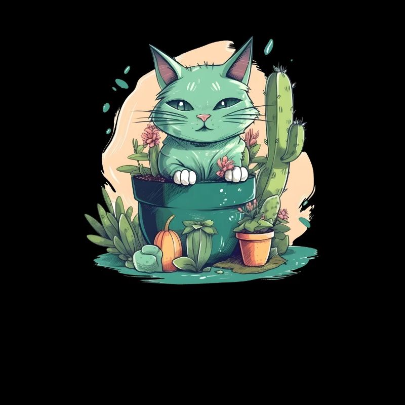 Chat vert en pot de fleurs avec cactus et citrouille
