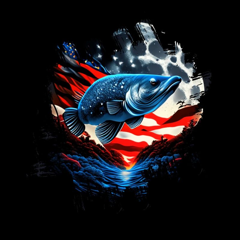America fish under Moon with American Flag