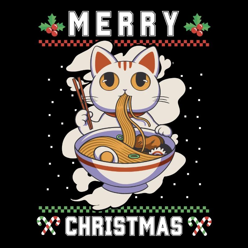 Chat d’anime kawaii mignon avec Ramen Noël laid