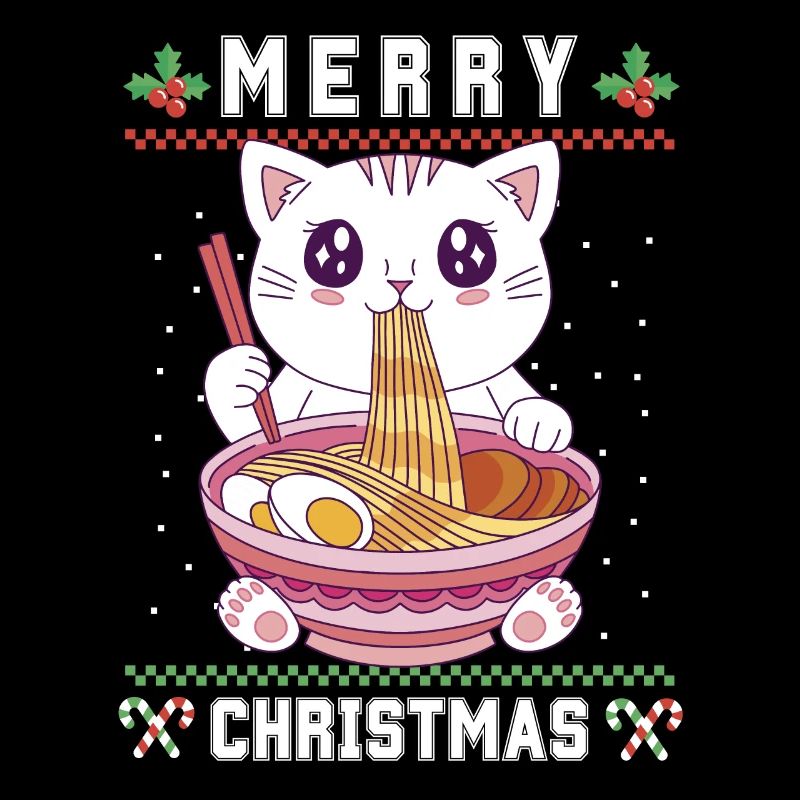 Chat d’anime kawaii mignon avec Ramen Noël laid