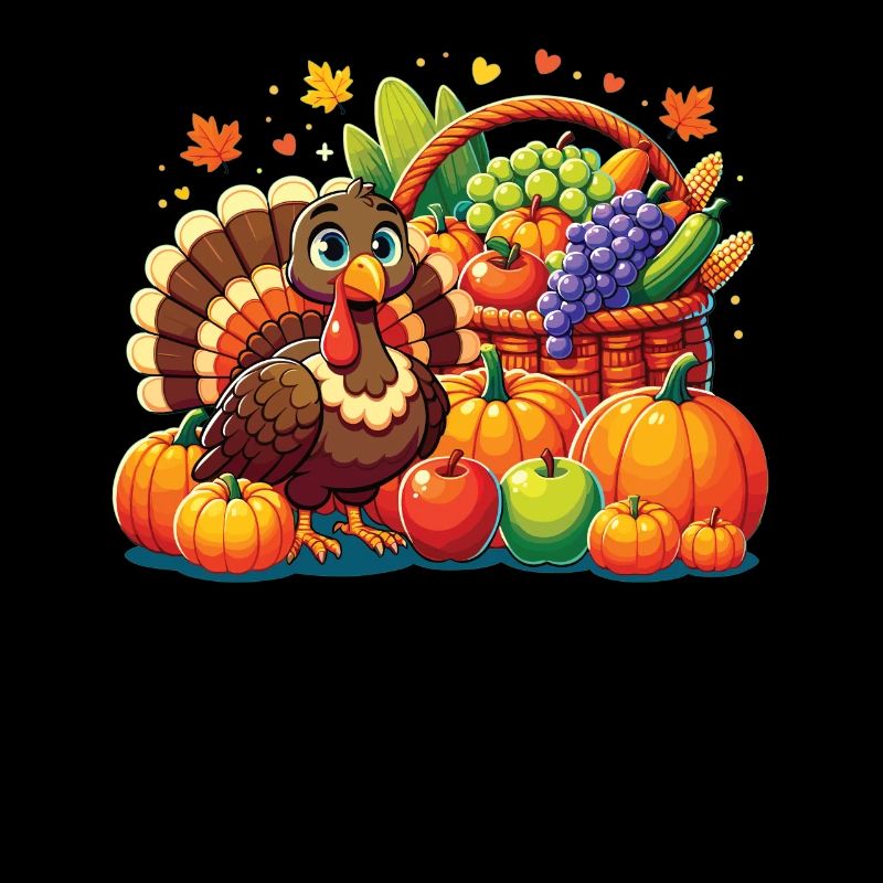 Turkey Thanksgiving with cornucopia autumn fruits