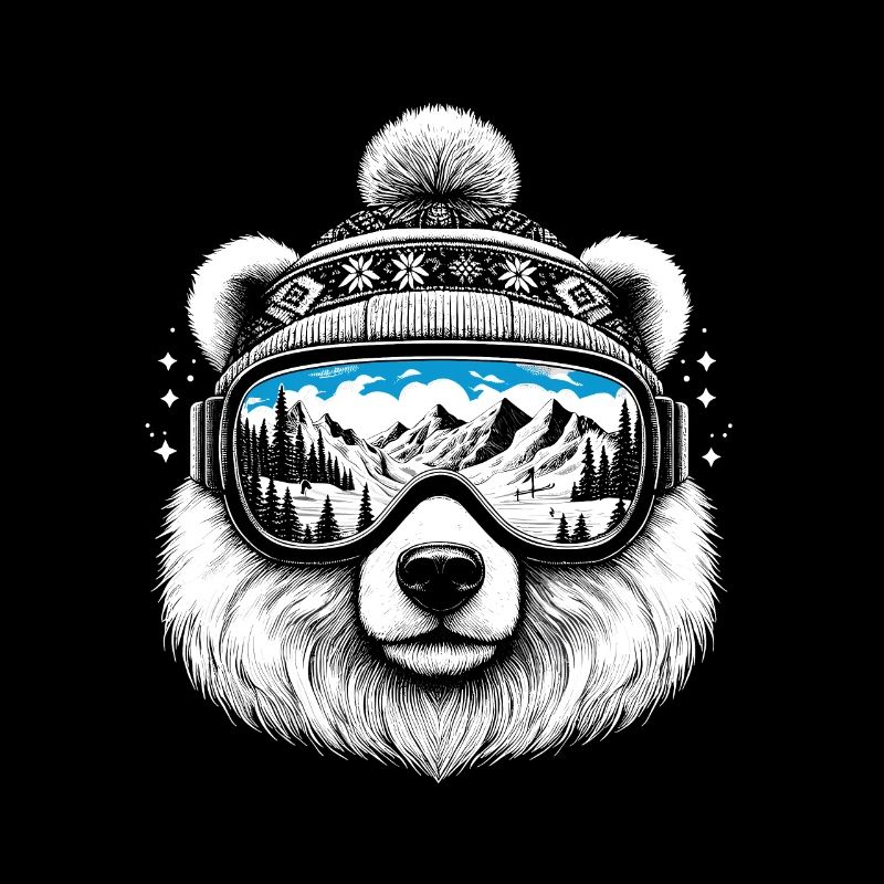 Bear with ski goggles on ski holiday snow mountains slope