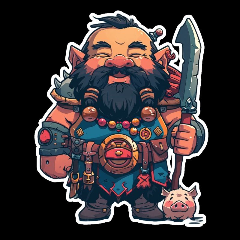 Cute Dwarf Warrior with Domestic Pig