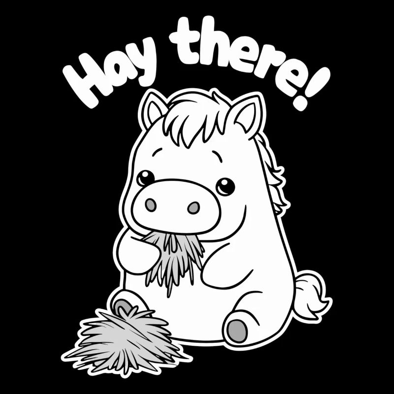 Du foin là-bas ! Illustration de poney mignon mangeant du foin