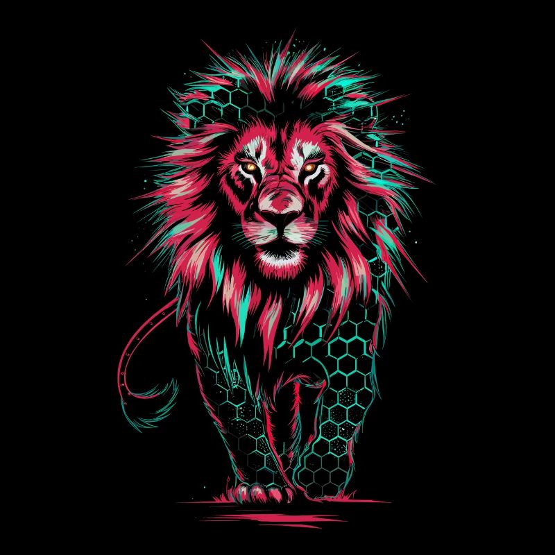 Glowing lion with neon colors in techno style