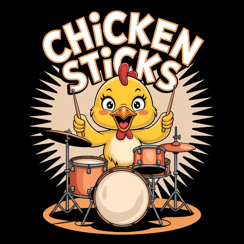 Funny chicken on drums with drumsticks