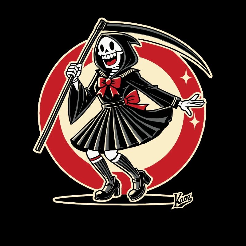 Fröhlicher Sensenmann als Schulmädchen verkleidet