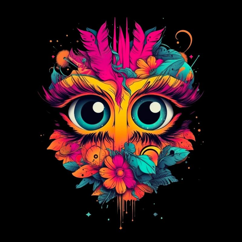Masque animal coloré avec de grands yeux et des fleurs pour