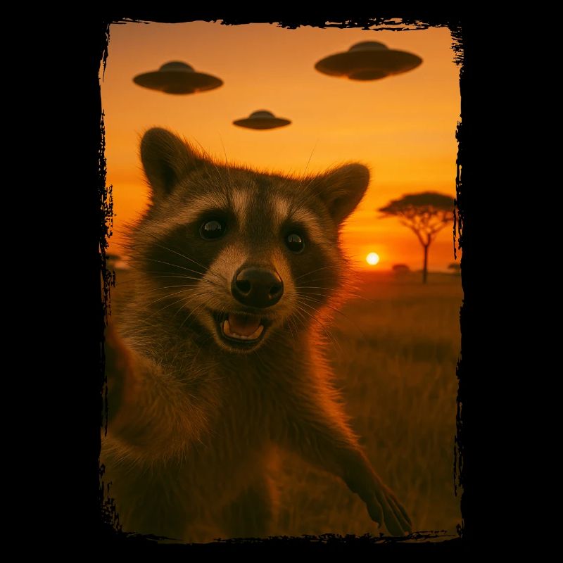 raton laveur trash panda coucher de soleil OVNI savane ciel