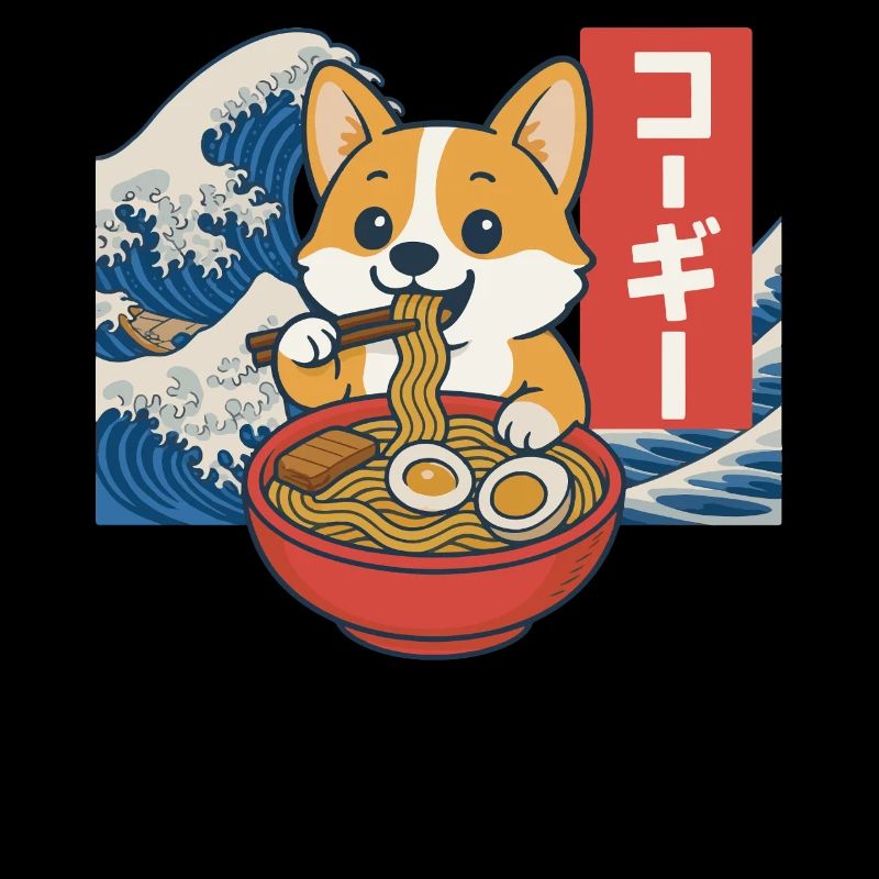 Corgi mangeant des ramen Art des vagues japonaises