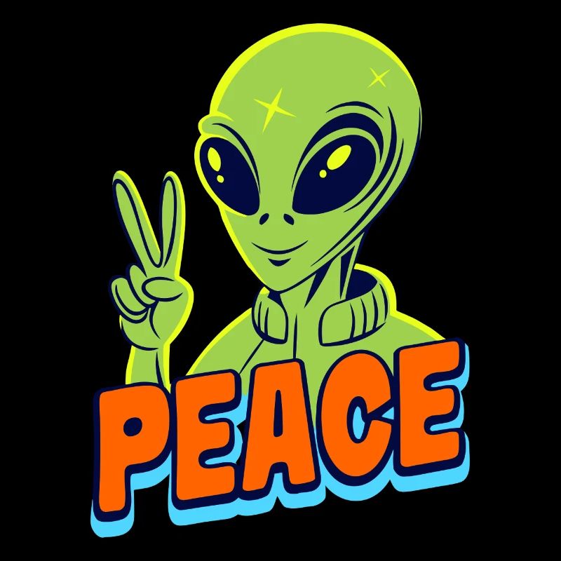 Funny green Alien with Peace sign Space