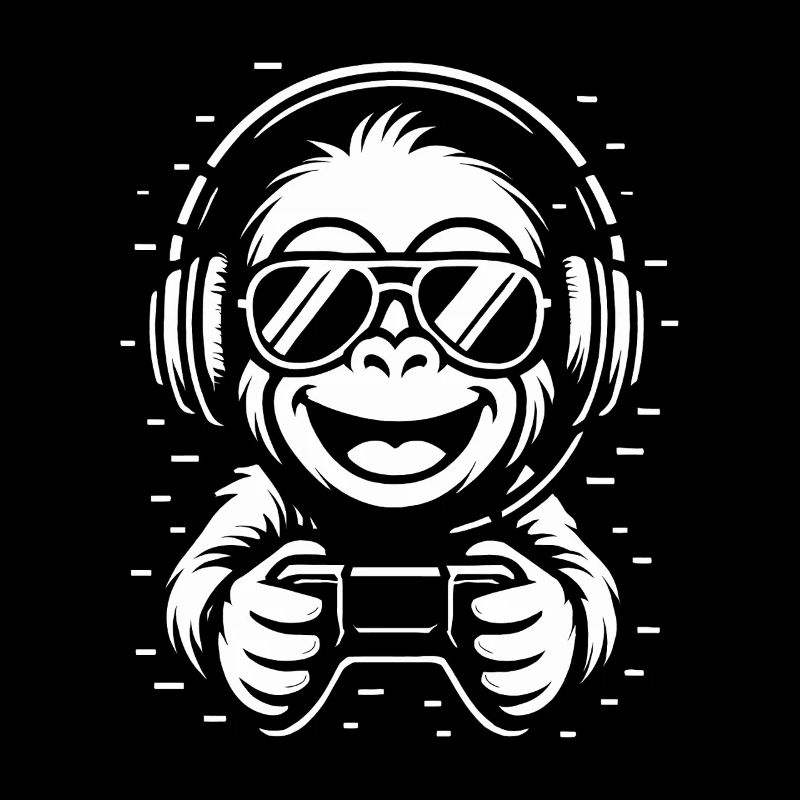 Cooler Affe mit Kopfhörern, Brille und Gamepad