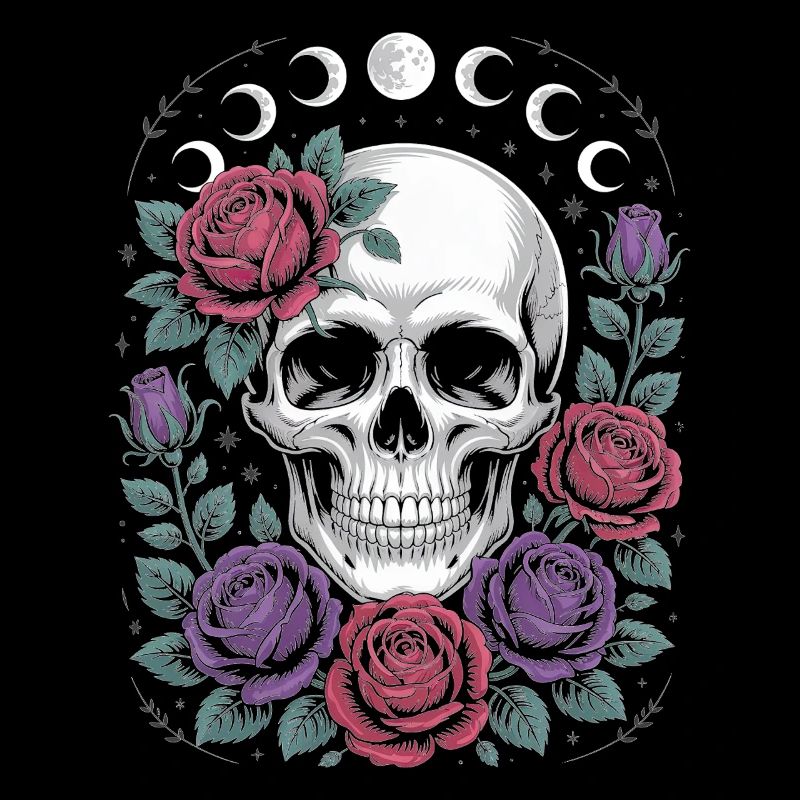 Gothic Skull with Moon Phases and Roses Design