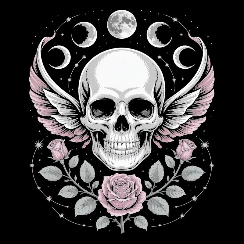 Crâne gothique avec phases de lune et motifs de roses