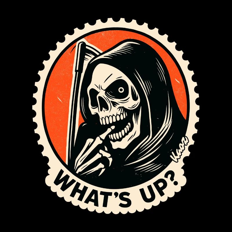 Skelett Sensenmann grüßt, Was geht? What's up