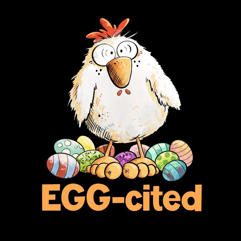 Aufgeregtes Huhn mit Ostereiern Spruch Eggcited 