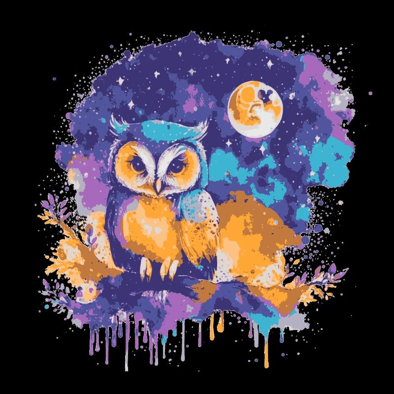 Bunte Eule unter einem Sternenhimmel