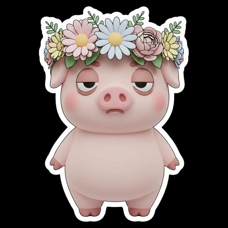 Genervtes Schwein mit Blumenkranz Statement