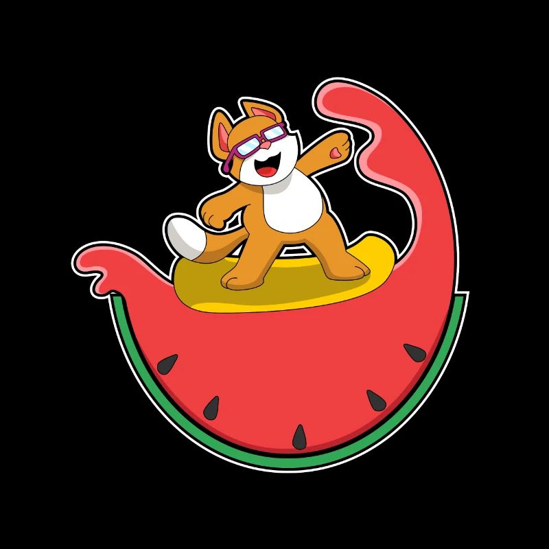 Cat as a surfer with watermelon