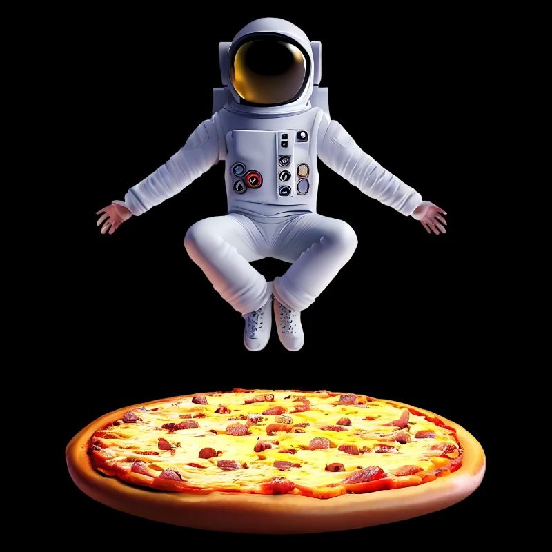 Schwebender Astronaut über Pizza