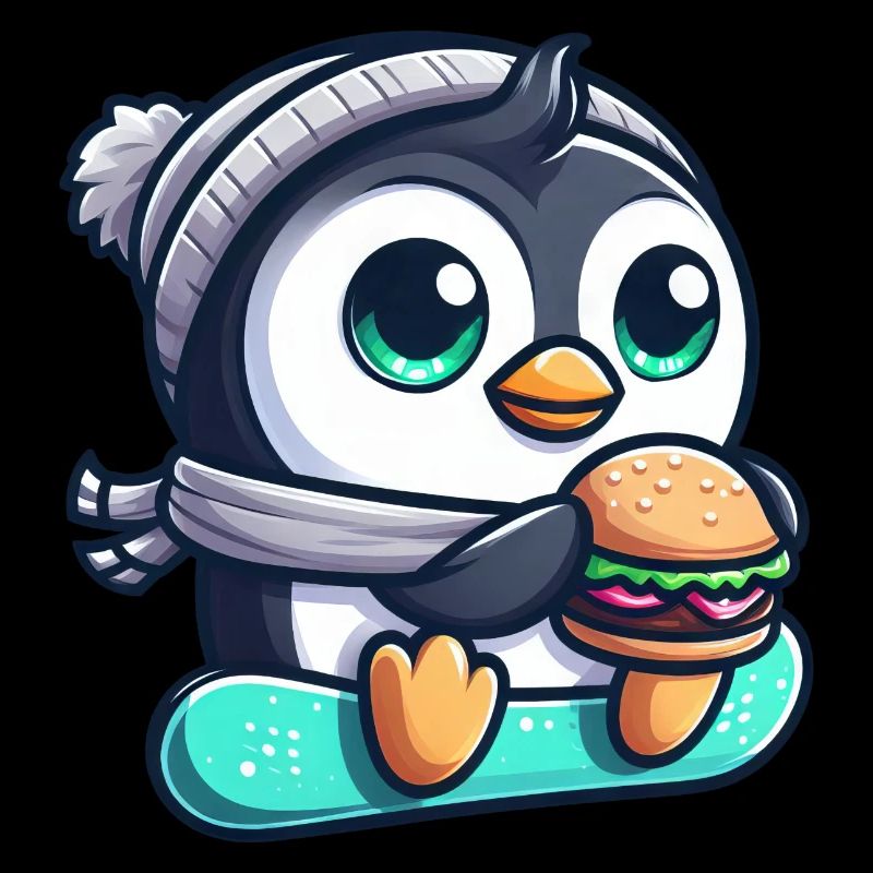 Pingouin drôle sur le snowboard avec burger