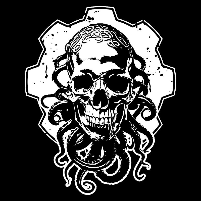 Crâne mystique avec des tentacules devant la roue dentée