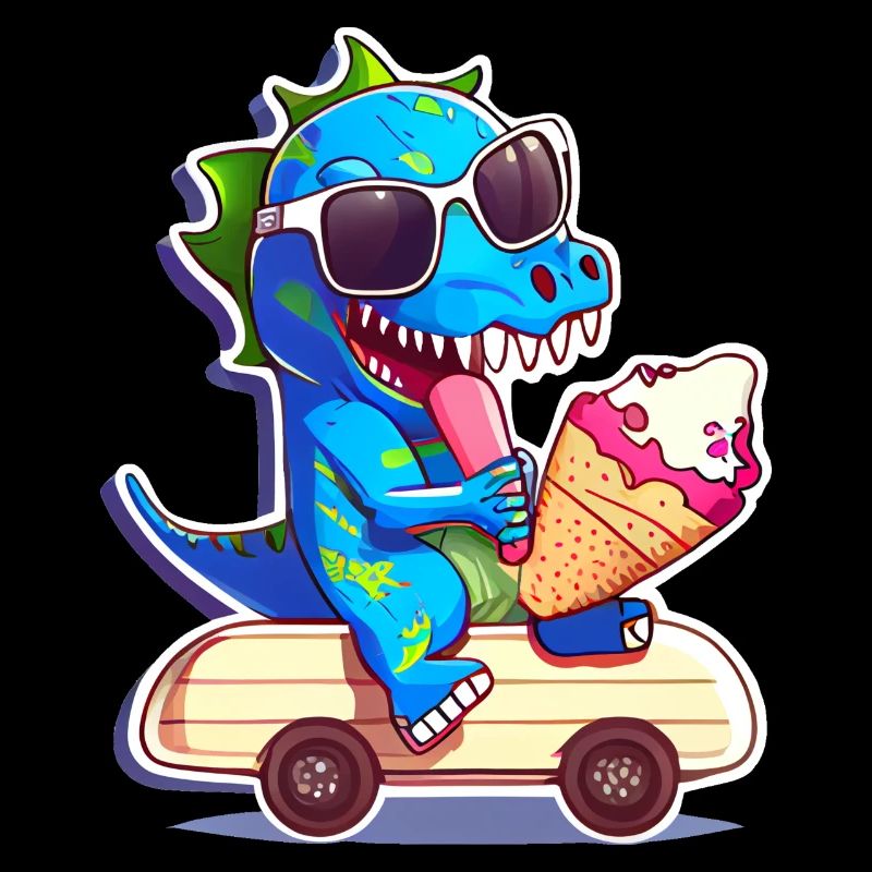 Dino dinosaure sur skateboard mangeant de la crème glacée