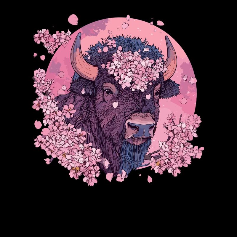 Bison avec couronne de fleurs de cerisier
