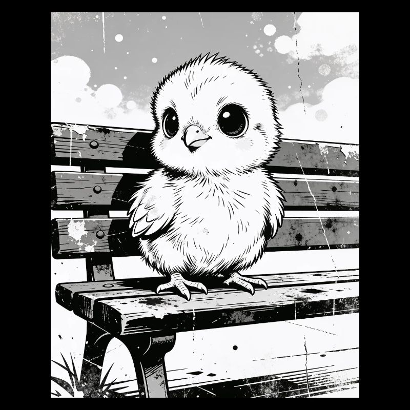 Chick on bench in sketch style