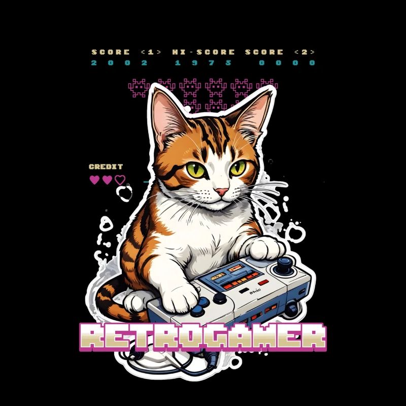 Retro Gaming Katze: Retrogamer mit Controller