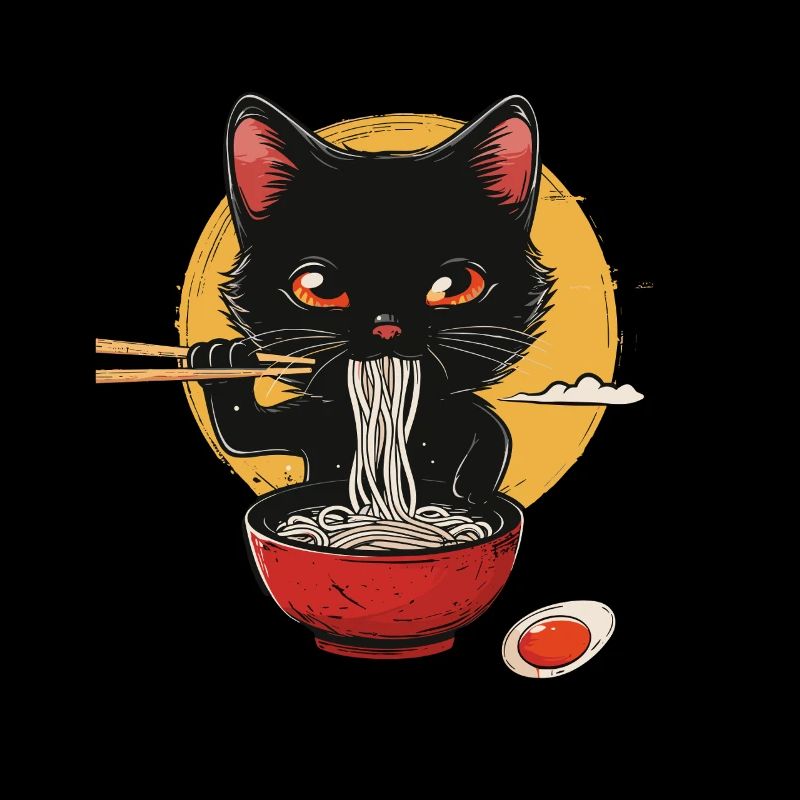 Schwarze Katze Mit Ramen Schüssel Mond
