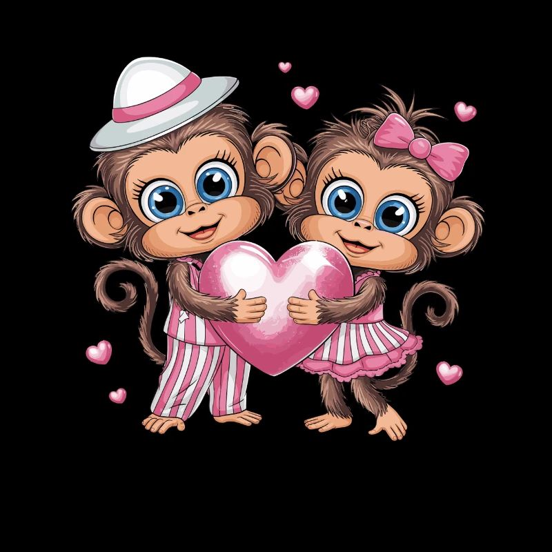Cute Monkey Love With Heart And Pink Bow