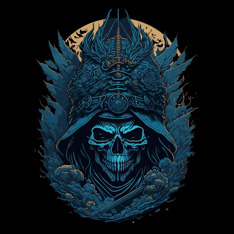 crane squelette samouraï bleu - blue samurai skull